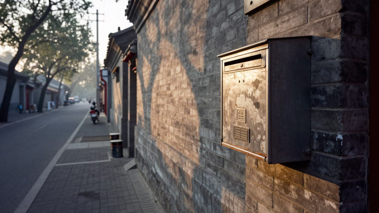 Morning Street Scene in Beijing China with Mailbox and Coffee Tin in in Beijing, China