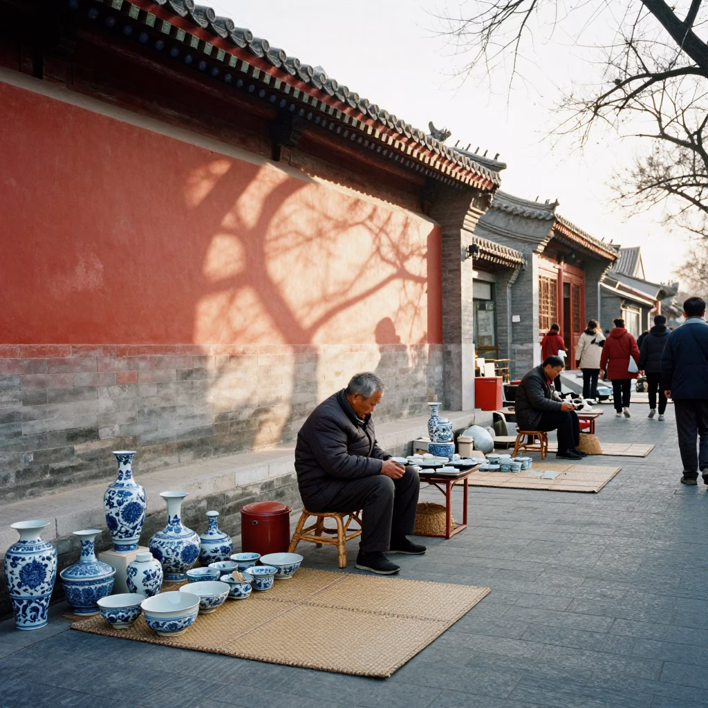 Morning Street Scene in Beijing China with Porcelain and Woven Mats in in Beijing, China