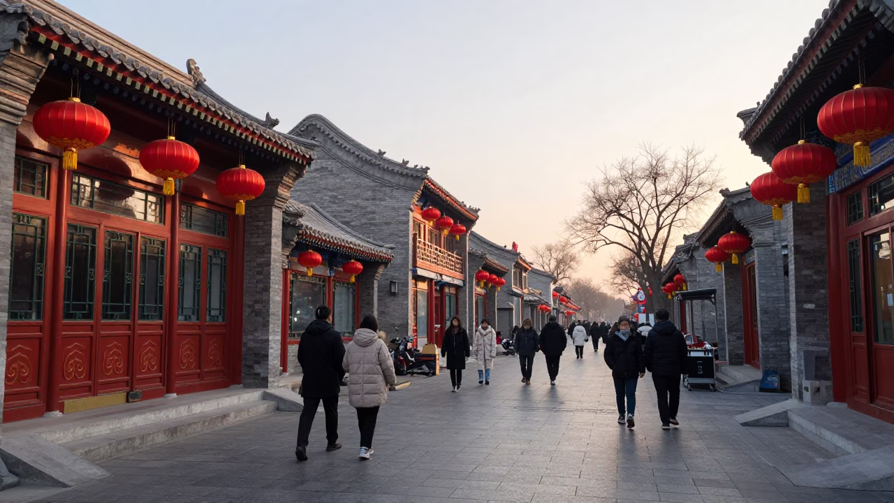 Morning Street Scene in Beijing China with Red Lanterns and Traditional Architecture in in Beijing, China