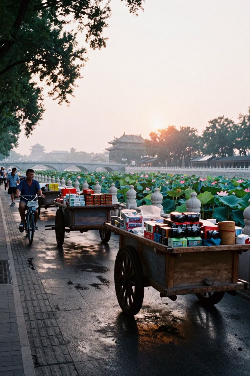 Morning Street Scene in Beijing China with Rolling Carts and Lotus Pond in in Beijing, China