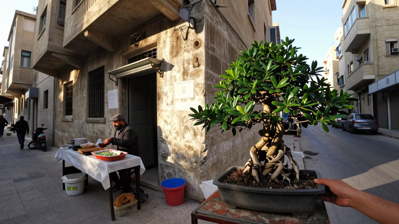 Morning Street Scene in Beirut Lebanon with Jade Plant and Hand Mirror Reflection in in Beirut, Lebanon