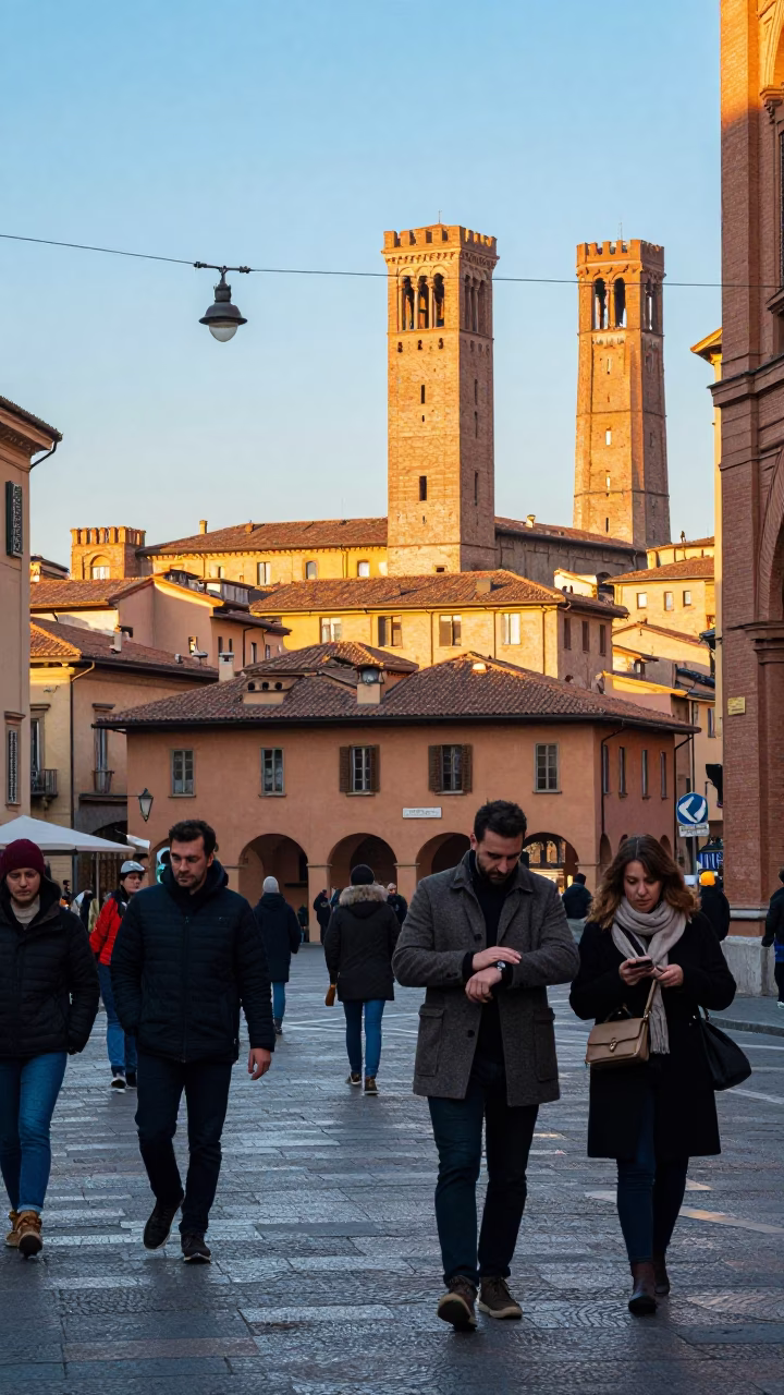 Morning Street Scene in Bologna Italy with Commuters and Vintage Details in in Bologna, Italy