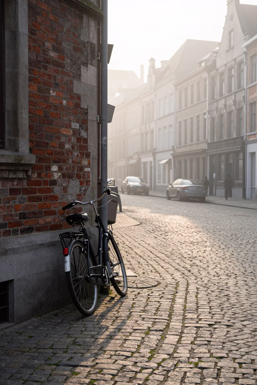 Morning Street Scene in Brussels Belgium with Vintage Bicycle and Cobblestone Alley in in Brussels, Belgium