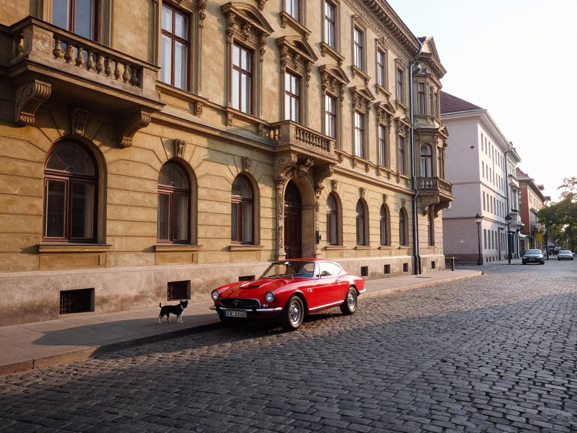 Morning Street Scene in Budapest Hungary with Vintage Car and Dog in in Budapest, Hungary