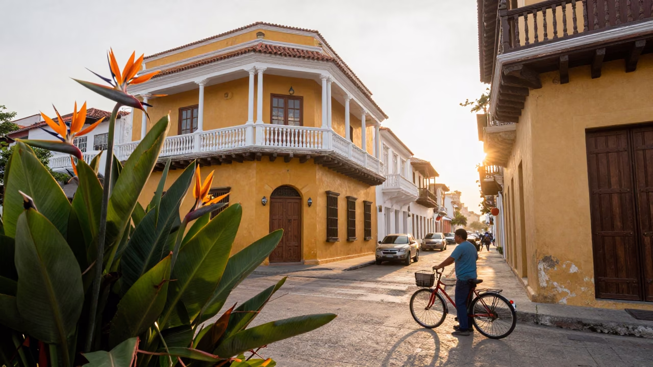 Morning Street Scene in Cartagena Colombia with Bird of Paradise Flower in in Cartagena, Colombia