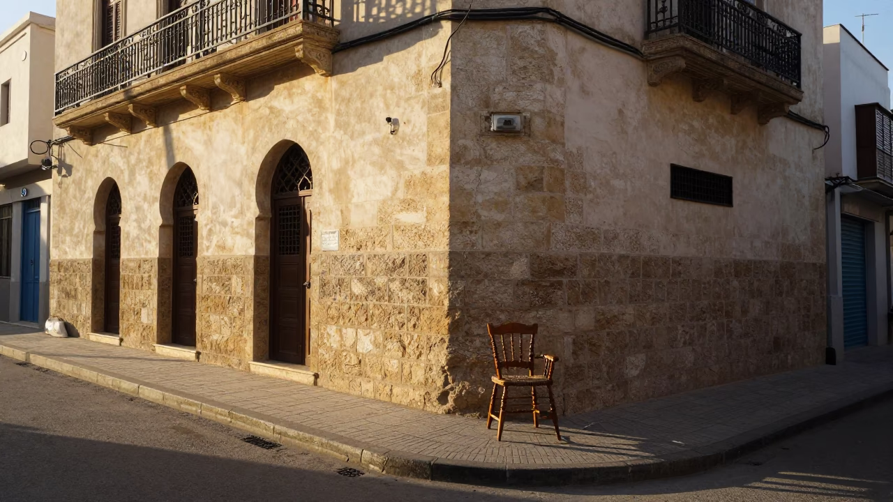 Morning Street Scene in Casablanca Morocco with Traditional Spindle Chair and Local Commerce in in Casablanca, Morocco