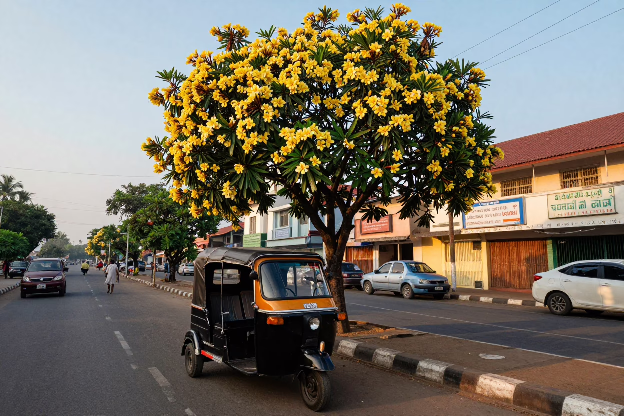 Morning Street Scene in Chennai India with Rickshaw and Frangipani Tree in in Chennai, India