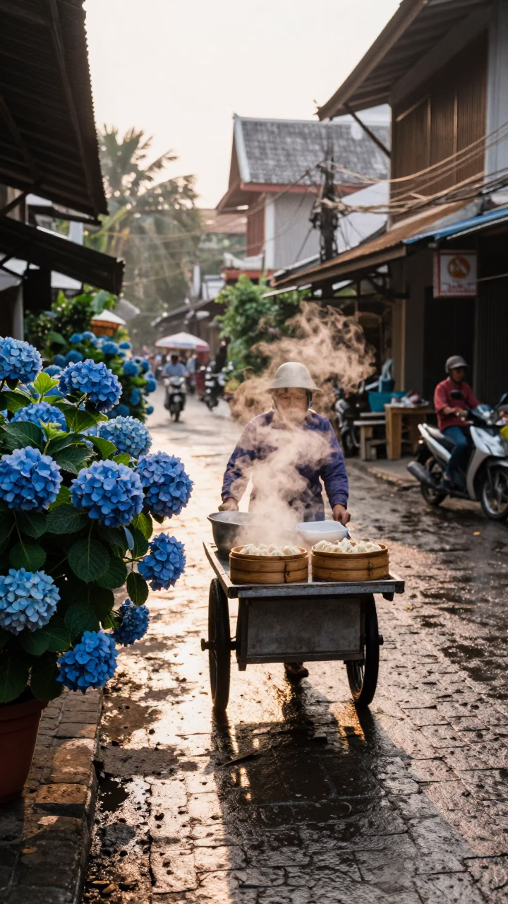 Morning street scene in Chiang Mai Thailand with blue hydrangeas and local breakfast in in Chiang Mai, Thailand