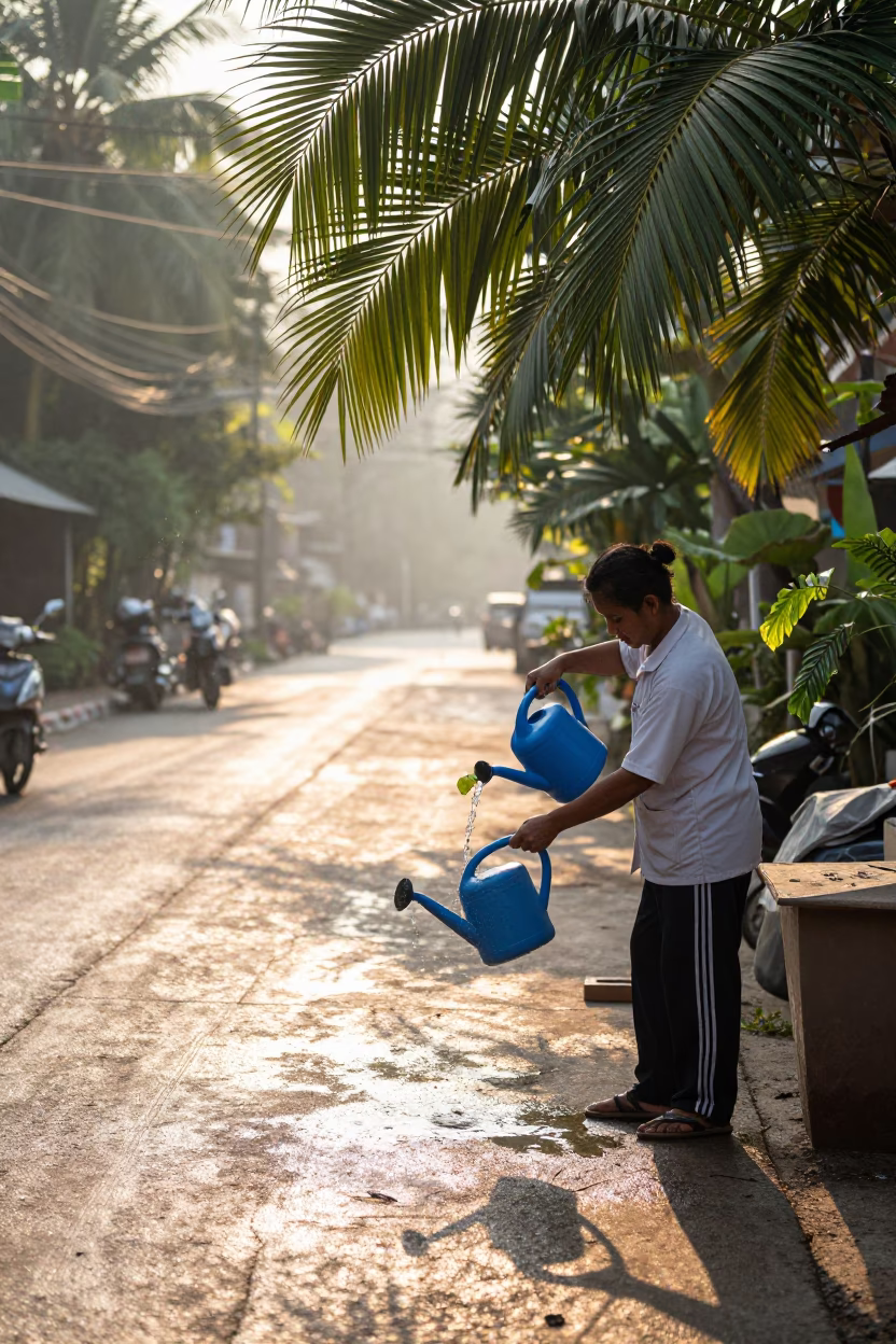 Morning Street Scene in Chiang Mai Thailand with Watering Can and Leaf Shadows in in Chiang Mai, Thailand