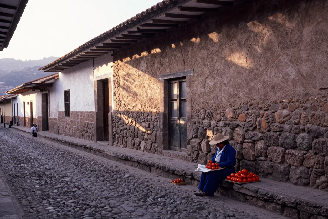 Morning Street Scene in Cusco Peru with Stone Walls and Local Market Activity in in Cusco, Peru