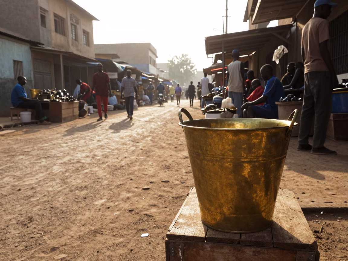 Morning Street Scene in Dakar Senegal with Brass Bucket and Urban Life in in Dakar, Senegal