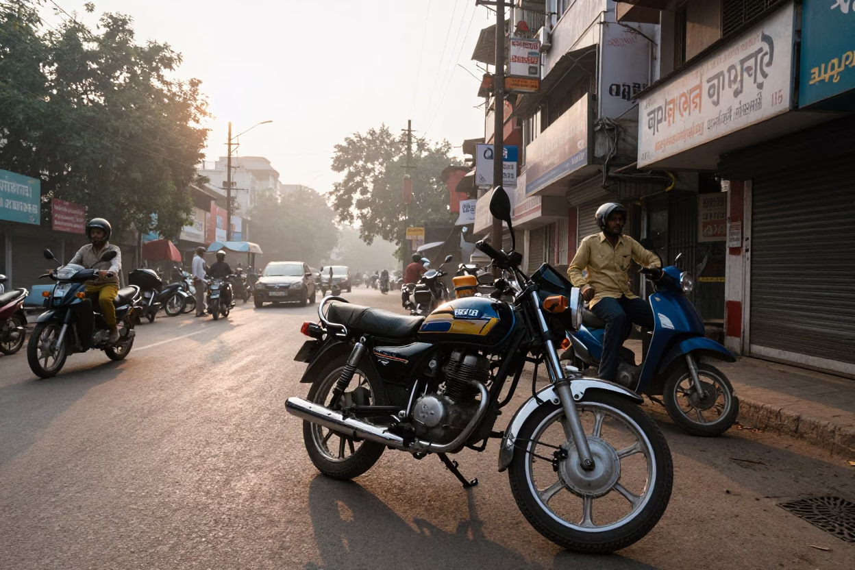 Morning Street Scene in Delhi India with Motorcycle and Local Vendor in in Delhi, India