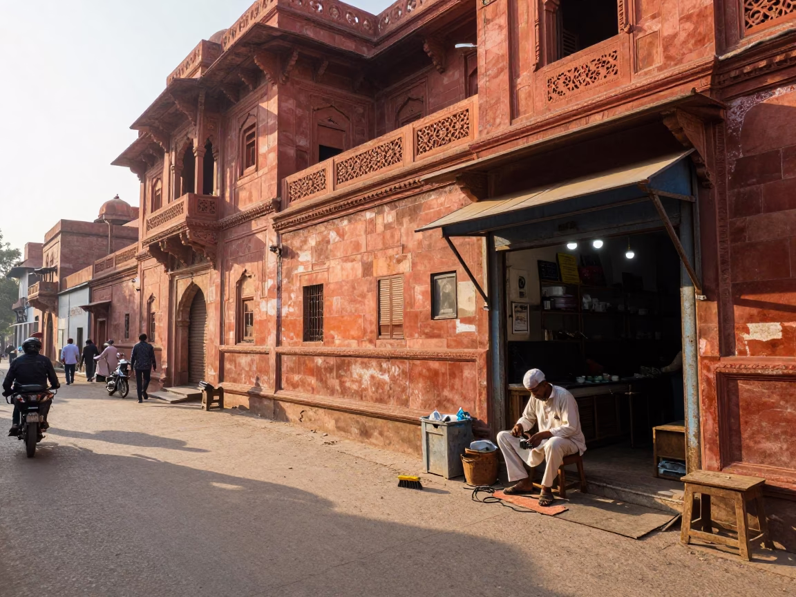 Morning Street Scene in Delhi India with Shoe Brush and Early Light in in Delhi, India