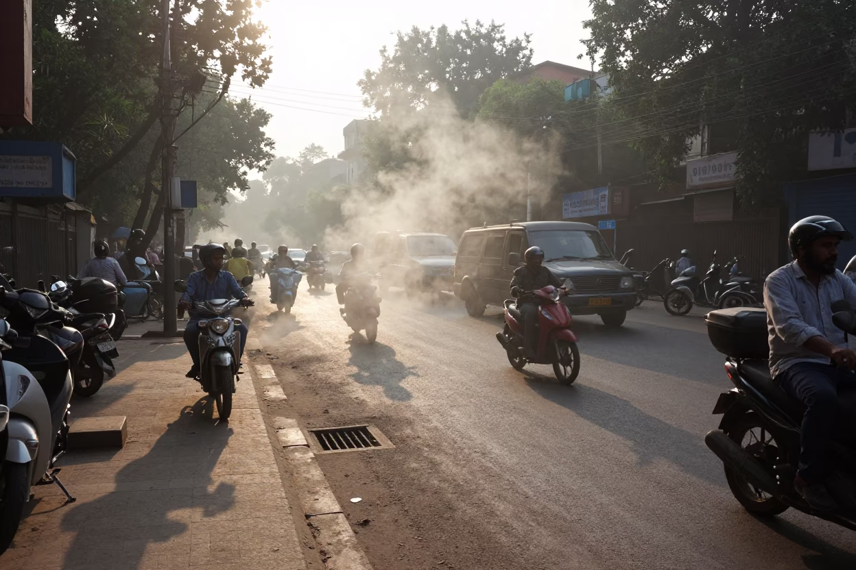 Morning Street Scene in Delhi India with Steam Haze and Local Life in in Delhi, India