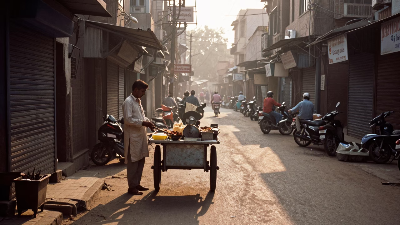 Morning street scene in Delhi India with vendor and early light in in Delhi, India