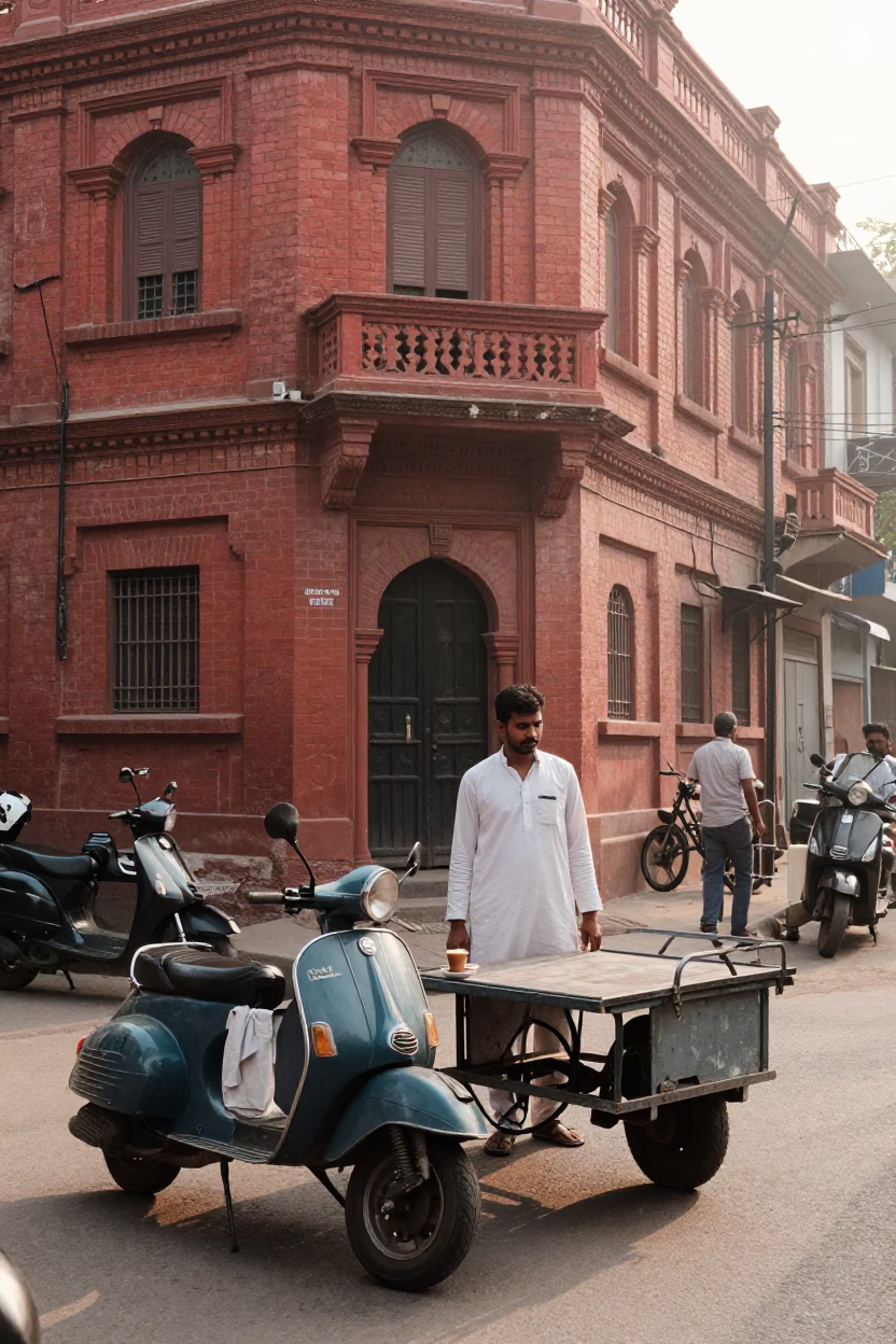 Morning street scene in Delhi India with vintage scooter and chai stall in in Delhi, India
