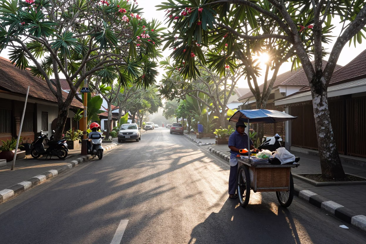 Morning Street Scene in Denpasar Bali Indonesia with Local Vendor and Traditional Architecture in in Denpasar, Indonesia