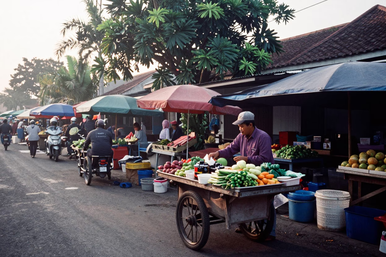 Morning Street Scene in Denpasar Indonesia with Local Market Activity and Tropical Light in in Denpasar, Indonesia
