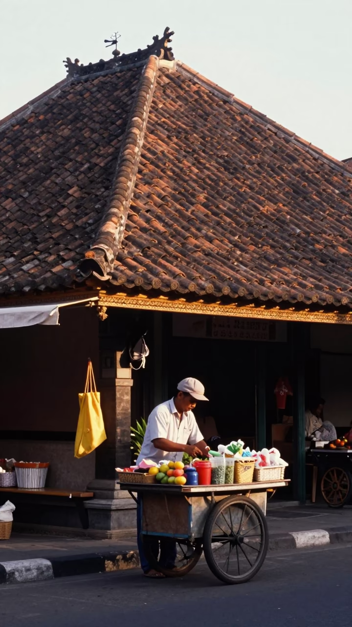 Morning Street Scene in Denpasar Indonesia with Local Vendor and Traditional Architecture in in Denpasar, Indonesia