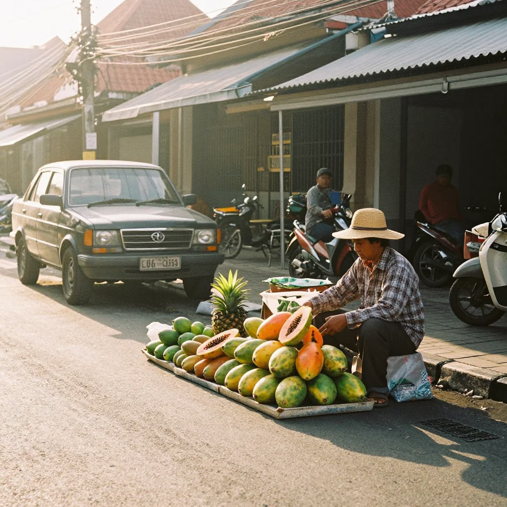 Morning Street Scene in Denpasar Indonesia with Local Vendor and Vintage Motorbike in in Denpasar, Indonesia