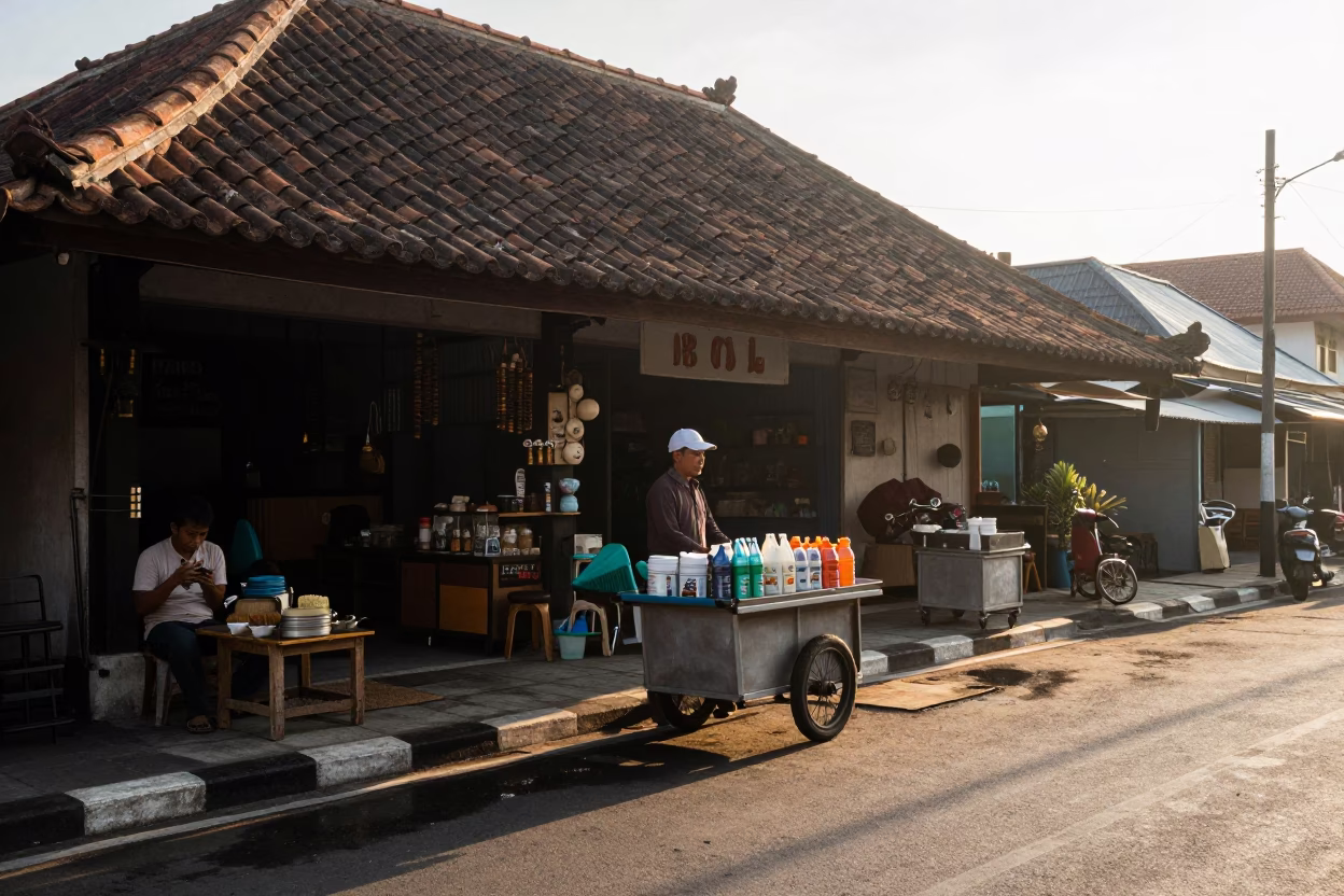 Morning Street Scene in Denpasar Indonesia with Tiffin Tin and Brushed Steel Handle in in Denpasar, Indonesia
