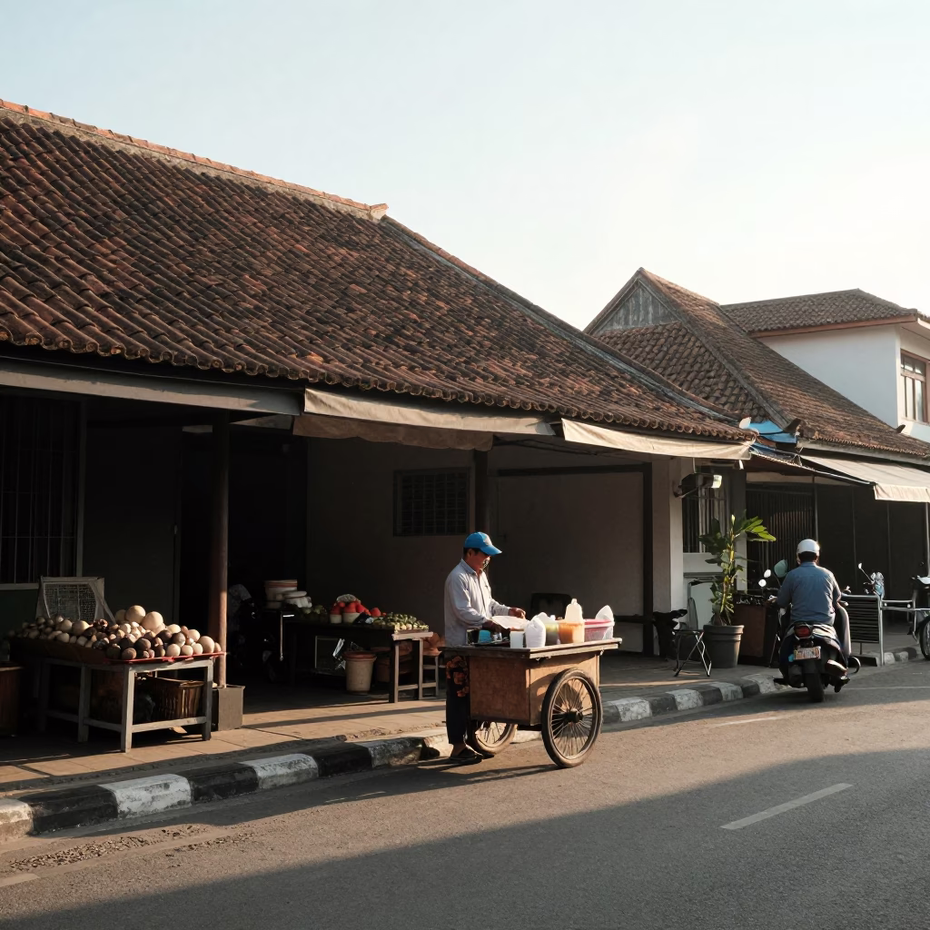 Morning street scene in Denpasar Indonesia with vendor and traditional architecture in in Denpasar, Indonesia