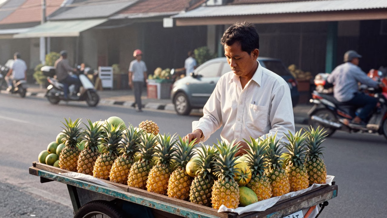 Morning street scene in Denpasar Indonesia with vendor selling fresh fruit after sunrise in in Denpasar, Indonesia