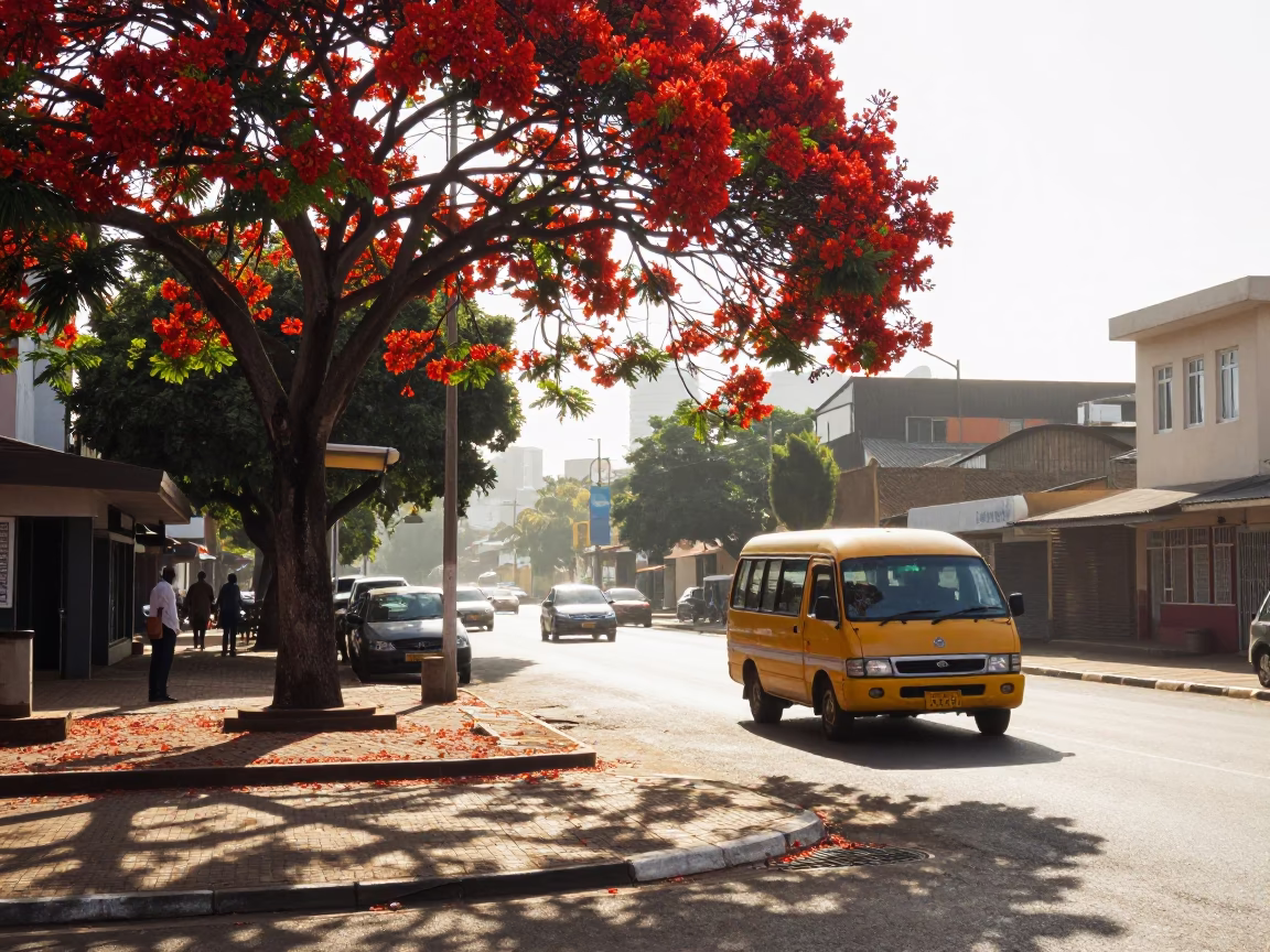 Morning Street Scene in Durban South Africa with Flame Tree and Sugar Cane Field in in Durban, South Africa