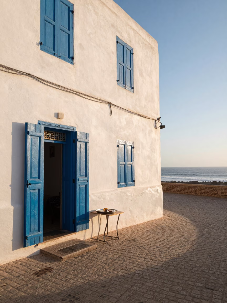 Morning Street Scene in Essaouira Morocco with Traditional Breakfast and Coastal Architecture in in Essaouira, Morocco