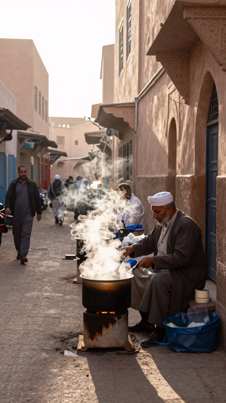 Morning Street Scene in Fez Morocco with Cooking Pot and Traditional Architecture in in Fez, Morocco