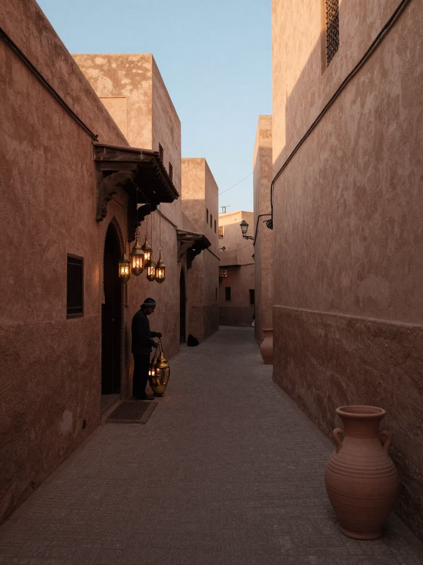Morning Street Scene in Fez Morocco with Lantern and Ceramic Pot in in Fez, Morocco