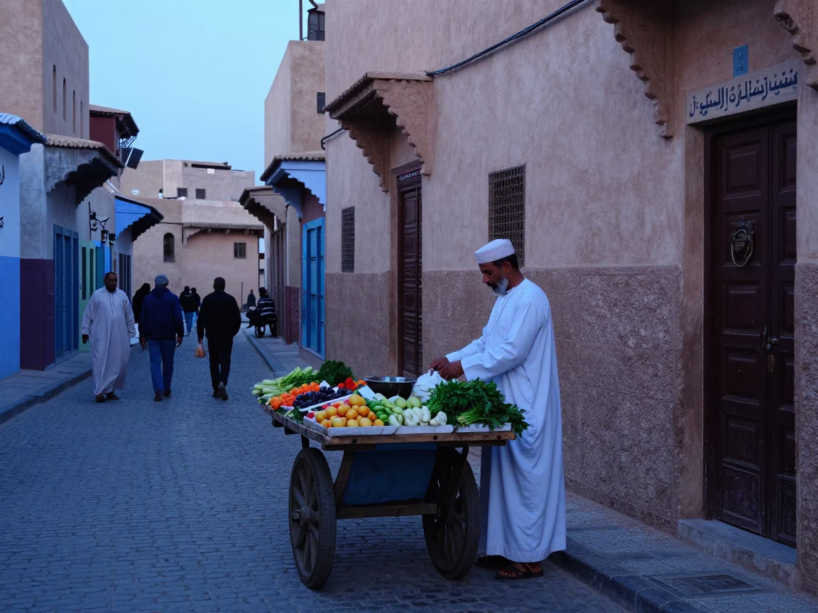 Morning Street Scene in Fez Morocco with Local Vendor and Vintage Items in in Fez, Morocco