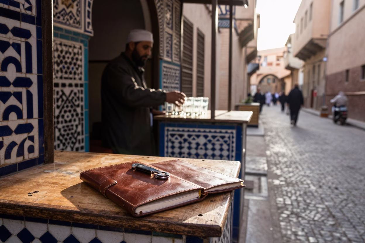 Morning Street Scene in Fez Morocco with Notebook and Wine Opener in in Fez, Morocco
