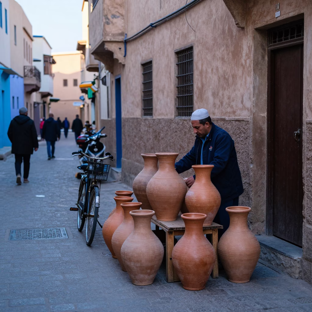 Morning street scene in Fez with clay pots and bicycle basket in in Fez, Morocco