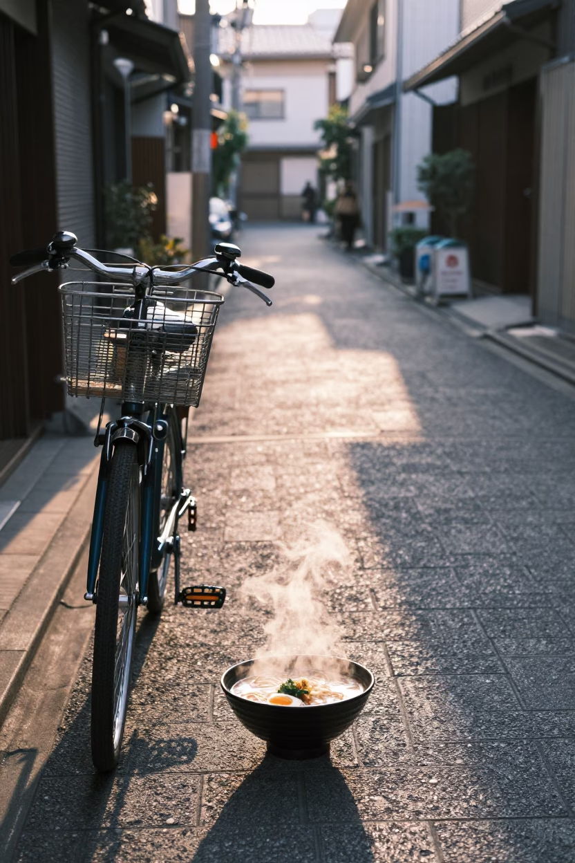 Morning street scene in Fukuoka Japan with bicycle and breakfast bowl in in Fukuoka, Japan