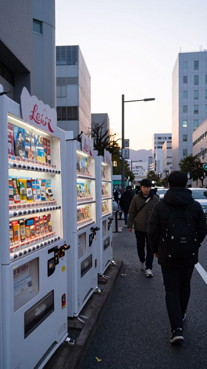 Morning street scene in Fukuoka Japan with vending machines and commuters in in Fukuoka, Japan