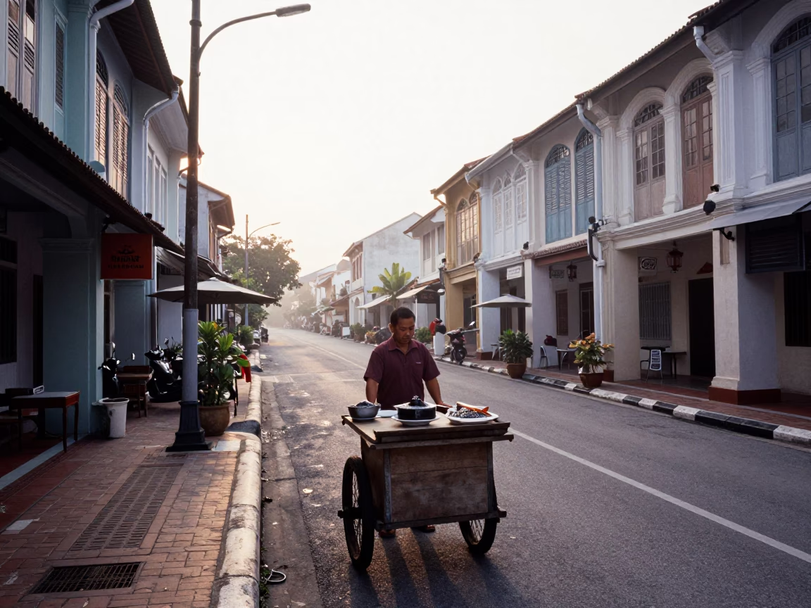 Morning Street Scene in George Town Malaysia with Bubur Ketan Hitam and Wicker Shadows in in George Town, Malaysia