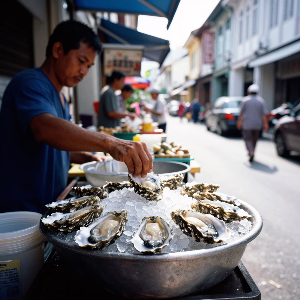 Morning street scene in George Town Malaysia with fresh oysters on crushed ice in in George Town, Malaysia