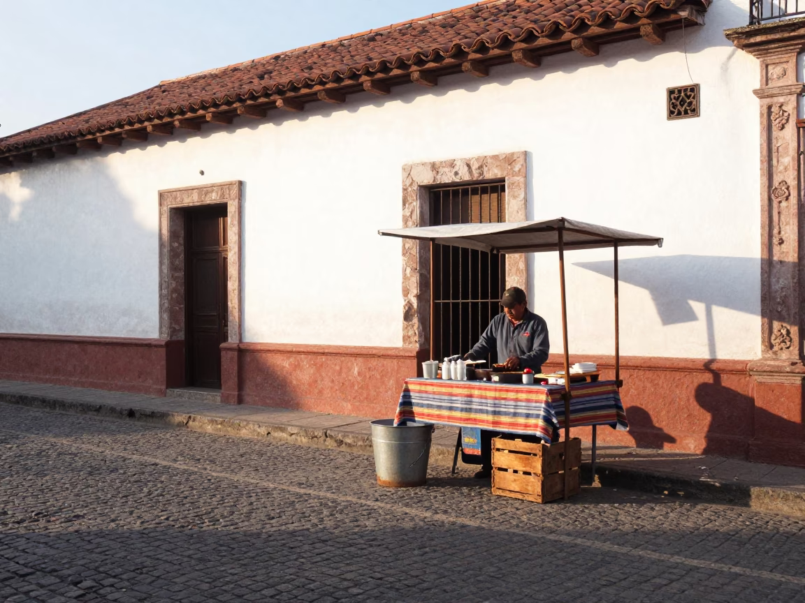 Morning Street Scene in Guadalajara Mexico with Metal Bucket and Striped Towel in in Guadalajara, Mexico
