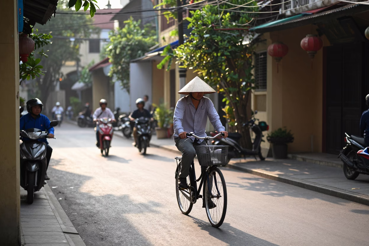 Morning street scene in Hanoi Vietnam with bicycle rider and traditional architecture in in Hanoi, Vietnam