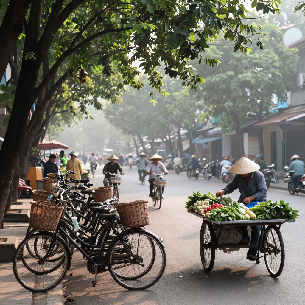 Morning street scene in Hanoi Vietnam with bicycles and local market activity in in Hanoi, Vietnam