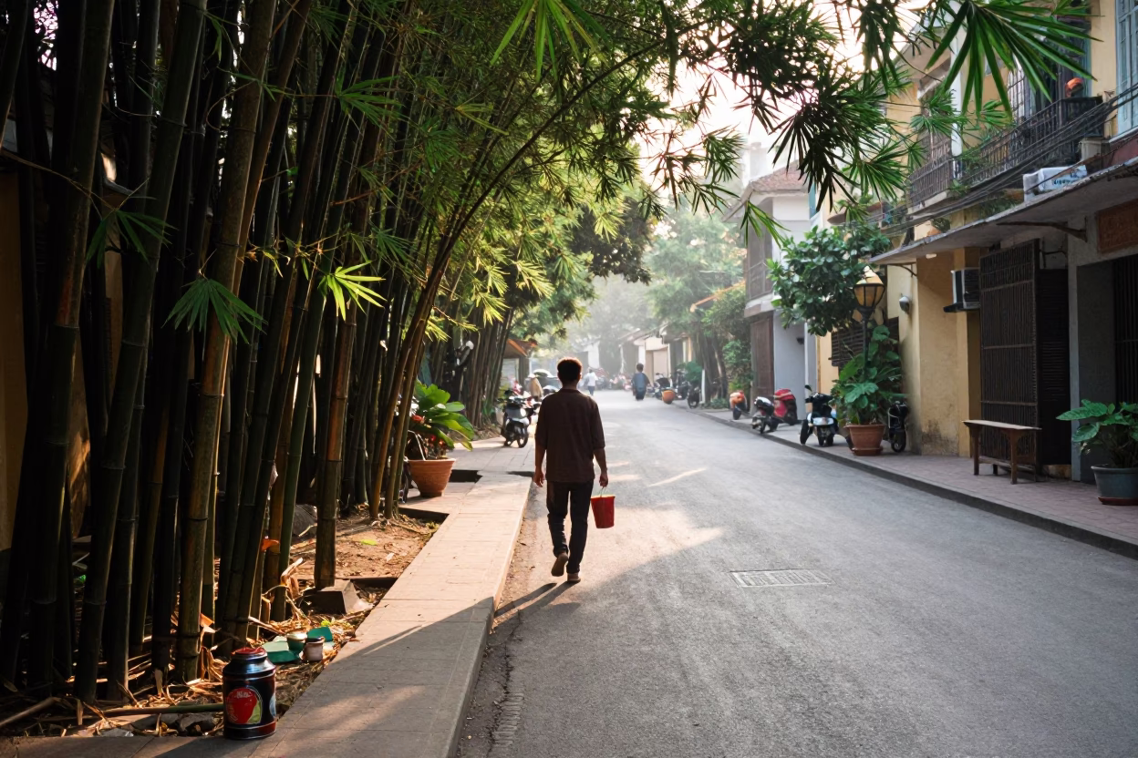 Morning Street Scene in Hanoi Vietnam with Coffee Tin and Bamboo Forest Path in in Hanoi, Vietnam