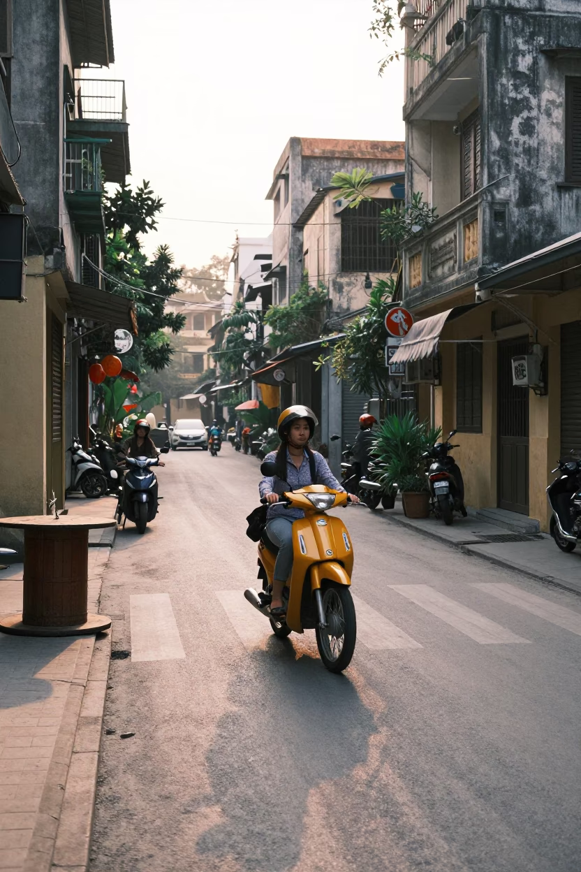 Morning Street Scene in Hanoi Vietnam with Cyclist and Wooden Spool Box in in Hanoi, Vietnam