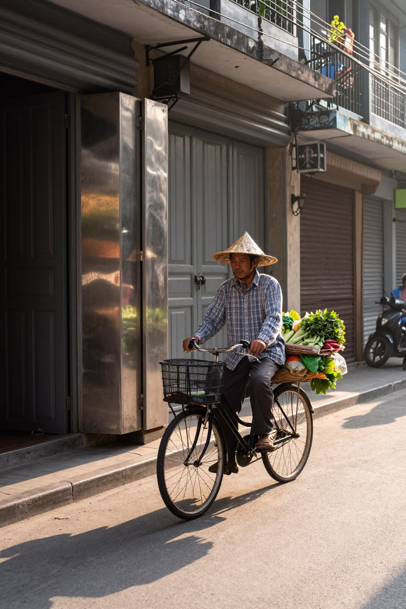 Morning Street Scene in Hanoi Vietnam with Local Vendor and Bicycle in in Hanoi, Vietnam
