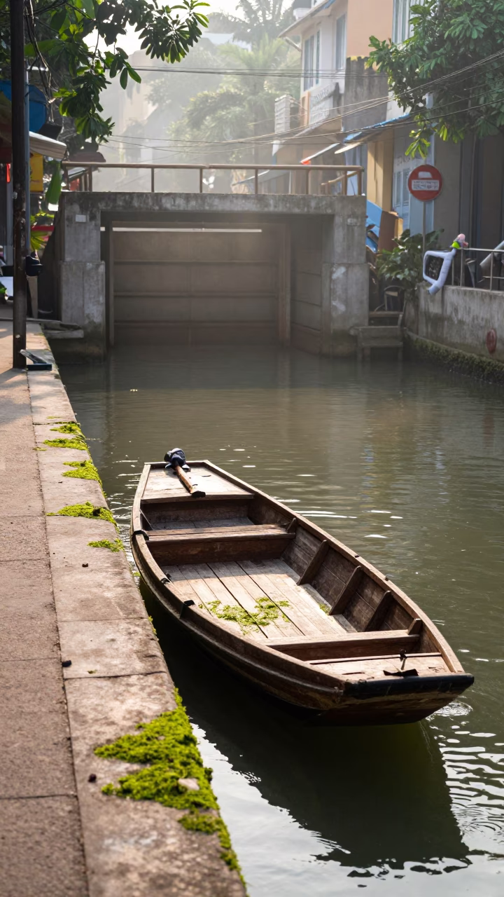 Morning Street Scene in Hanoi Vietnam with Sampan and Algae Streaked Floodgate in in Hanoi, Vietnam