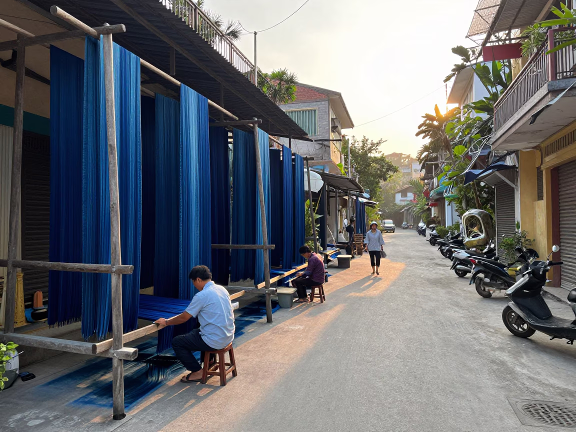 Morning Street Scene in Hanoi Vietnam with Silk Dyeing Workshop and Garden Rake in in Hanoi, Vietnam