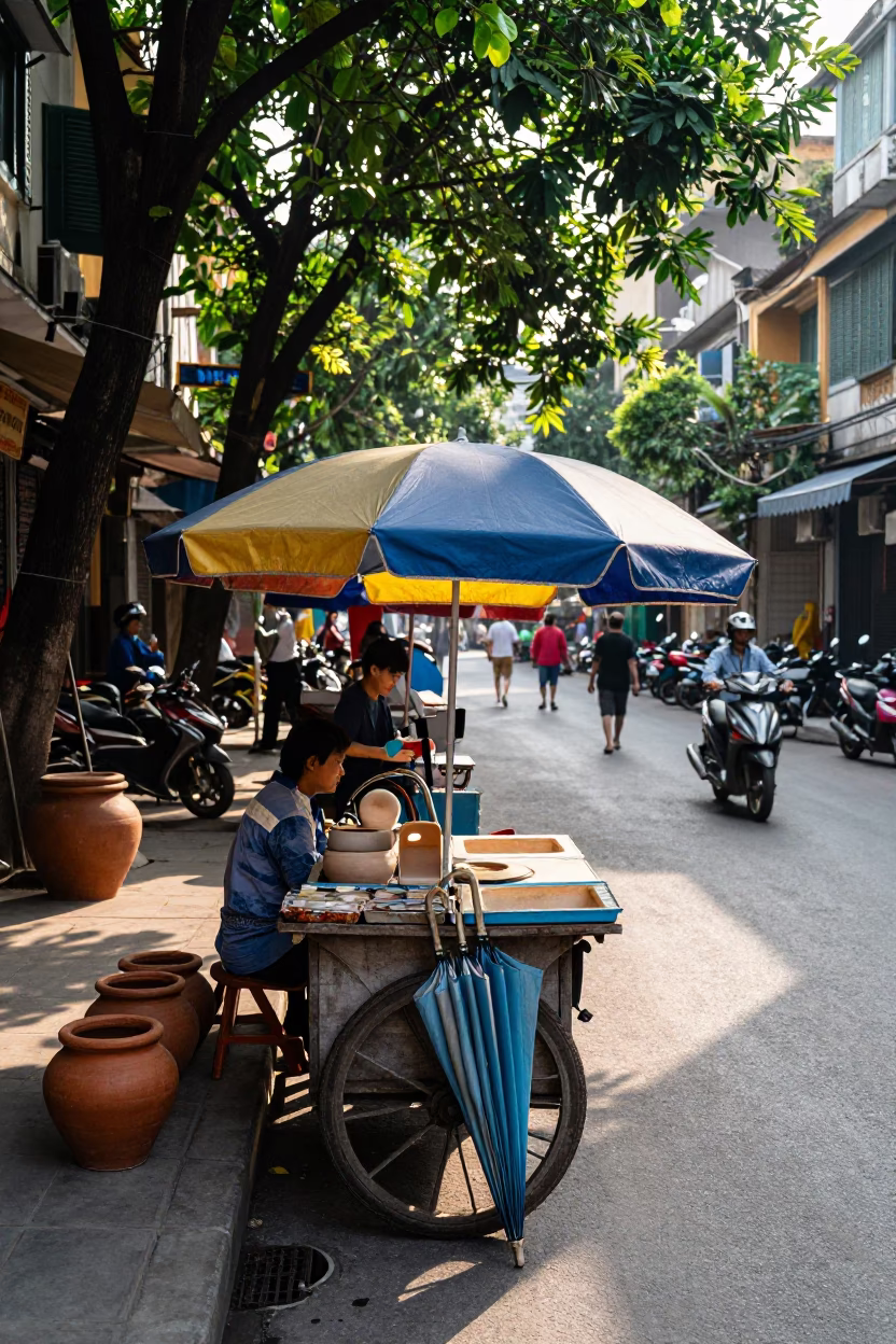 Morning Street Scene in Hanoi Vietnam with Umbrellas and Clay Pots in in Hanoi, Vietnam