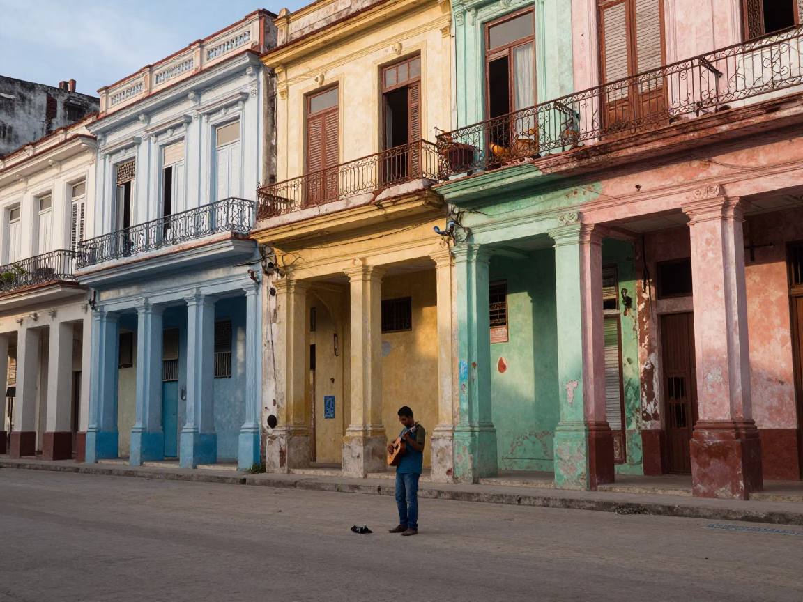 Morning Street Scene in Havana Cuba with Colorful Architecture and Ukulele Musician in in Havana, Cuba