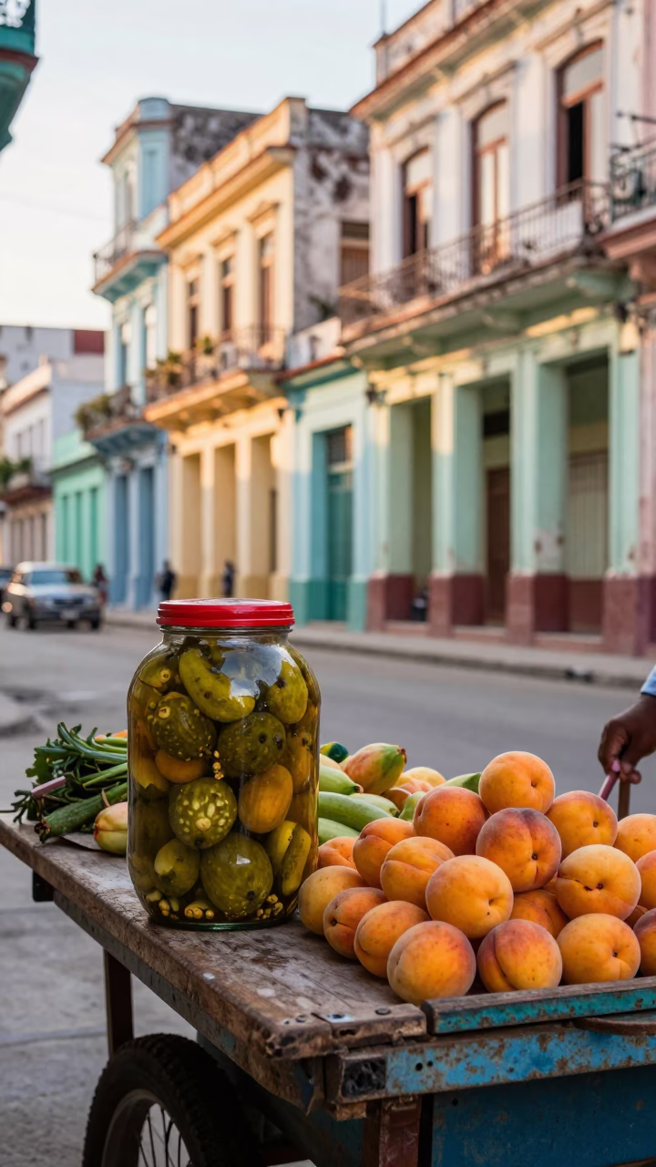 Morning Street Scene in Havana Cuba with Pickle Jar and Apricots in in Havana, Cuba