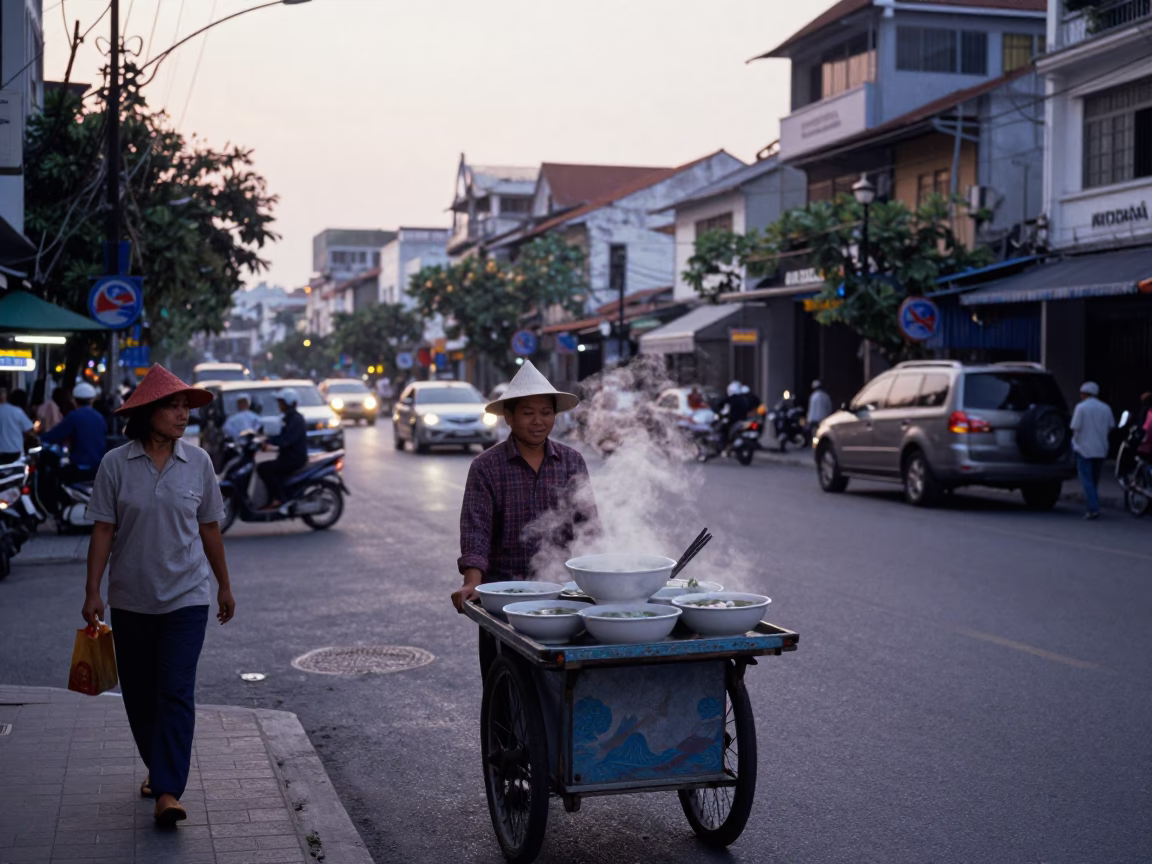 Morning street scene in Ho Chi Minh City Vietnam nautical dawn light in in Ho Chi Minh City, Vietnam